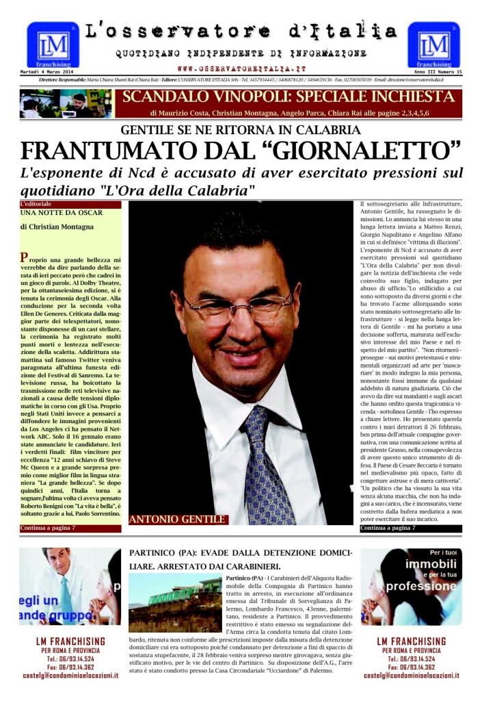 L'osservatore d'Italia edizione del 4 Marzo 2014